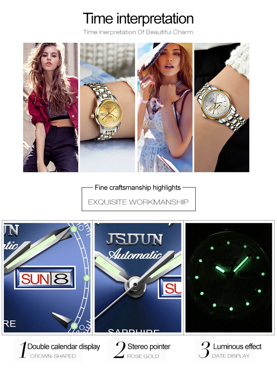 JSDUN женские часы автоматические механические часы женские водонепроницаемые часы Роскошные Брендовые Часы светящиеся стрелки Дата Неделя повседневные часы