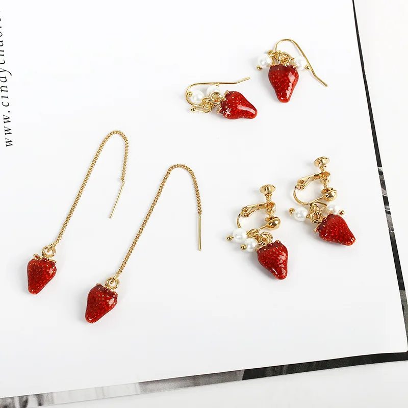 

Lovely Korean Cute Strawberry Earrings Sweet Girl Pearl Tassel Dangle Drop Earrings for Women Party Clothing Accessories