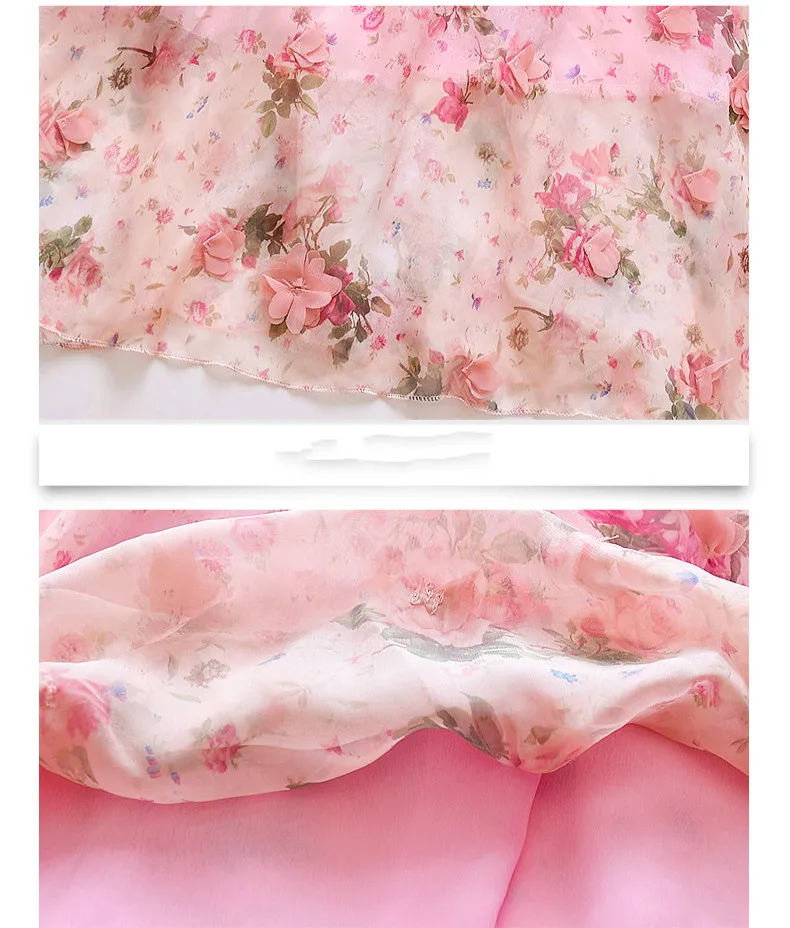 Детская брендовая одежда Розовое платье для девочек Корейский Элегантный шифон принцесса Комплект талии Пляжные наряды для девочек