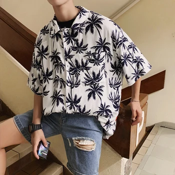 

2019 Summer Men's Classic Style Fashion Trend Coats Short Sleeve Hawaiian Printing Shirts Male French Cuff Brand Shirts S-XL
