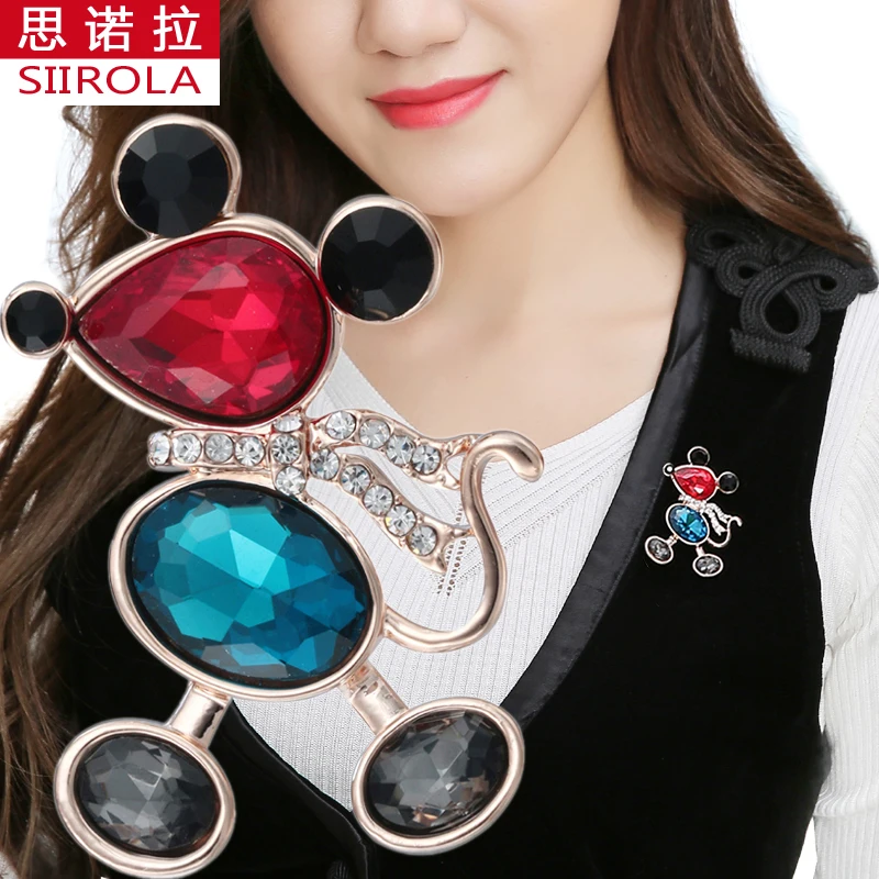 

SIIROLA Romantic Lovely Silver Gold-color Boy Girl Brooch Jewelry Crystal Obsidian Mickey Mouse Scarf Hijab Clothing Lapel Pins