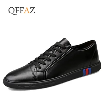 

QFFAZ Men Genuine Leather Casual Shoes Men Lace Up New Fashion Sneakers Rubber Sole Non-slip Leather Flats Size 38-46