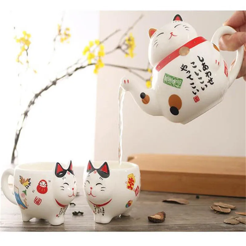Японский счастливый кот Манеки Neko керамический чайный набор 1 чайный горшок 2 чайные чашки 1 штамм