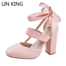 LIN KING Sweet Solid Knot Women Pumps Cross Tie Lace Up High Heel Summer Shoes Square Heel Round Toe Lady Party Shoes Big Size цена LIN KING Sweet Solid Knot Women Pumps Cross Tie Lace Up High Heel Summer Shoes Square Heel Round Toe Lady Party Shoes Big Size цены онлайн