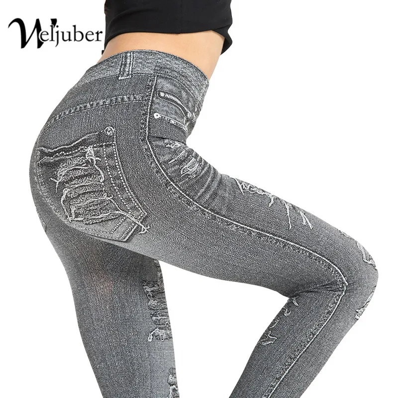 

Weljuber New Autumn Women Print Leggings Mock Pocket And Hole Jeans Slim Leggings Woman Jeggings Ladies Denim Skinny Trousers