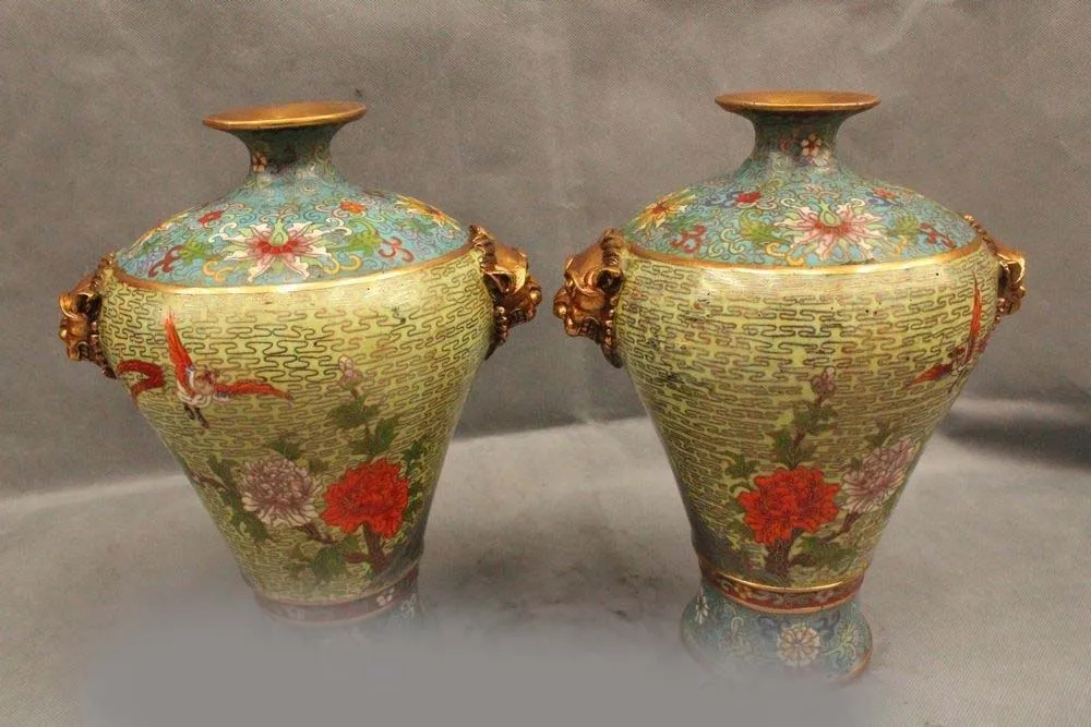 

13"Marked Chinese Folk Cloisonne Bronze Gild Lion Bird Handle Bottle Vase Pot