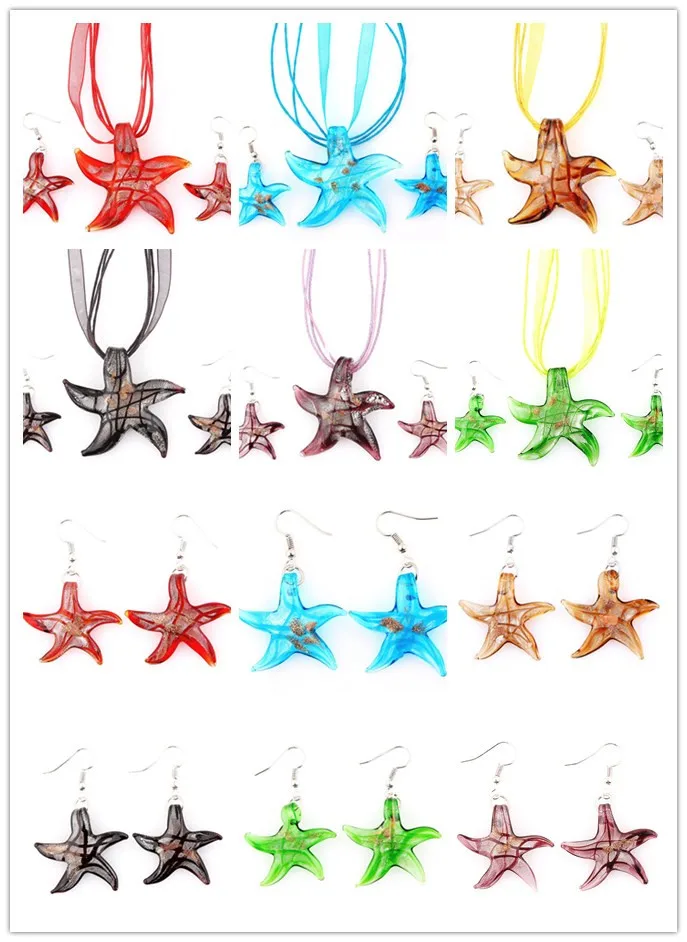 

Wholesale Bulk 6sets Murano Lampwork Glass reticular starfish Pendant Silver P Beauty charms Necklace+Earrings For women gift