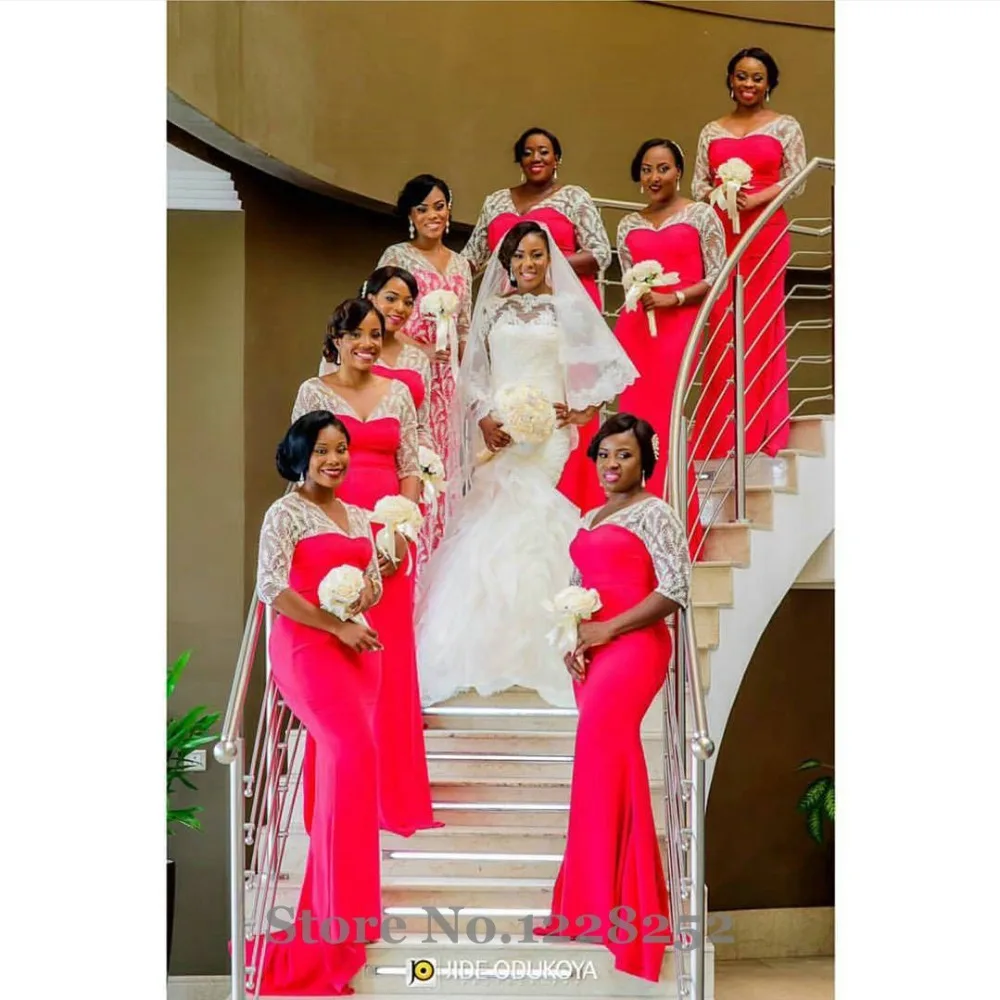 Maid of honor Красный и Белый Кружева Невесты Платье V шеи Драпированные Длинные Платья Партии Плюс Русалка Bridemaids Платья для свадьбы - Цвет: as photo