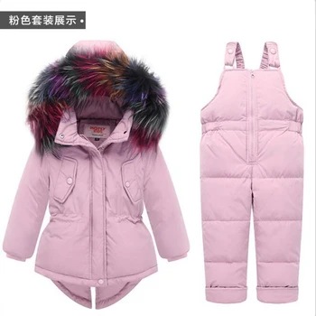 

Russia Winter Warm Baby Girl's clothing sets Girl Ski suits Children's Outdoor clothes Fur down coats Jackets+trousers/Jumpsuit