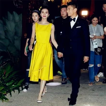 MissLiu платья знаменитостей желтые сексуальные оба плеча без рукавов чай-длина А-силуэт Выпускные платья