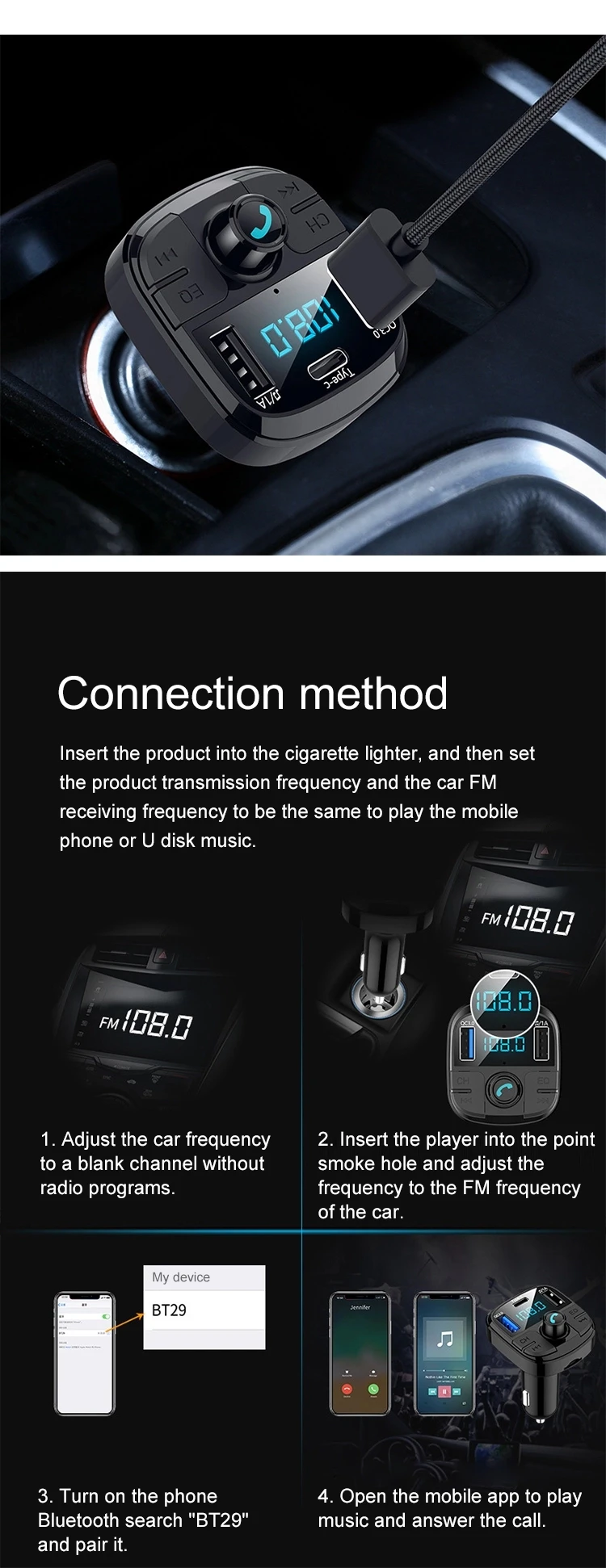 JINSERTA Latest Bluetooth 5.0 Car FM Transimtter QC3.0 Quick Charger Type-c FM Modulator TF USB Pendrive Music Car MP3 Player