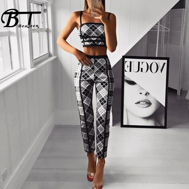 

Beateen 2019 New Fashion Sexy Plaid Strap Sleeveless Short Bandage Top Slim Long Pant Jacquard Suits Set Bandage 2 Pieces Sets