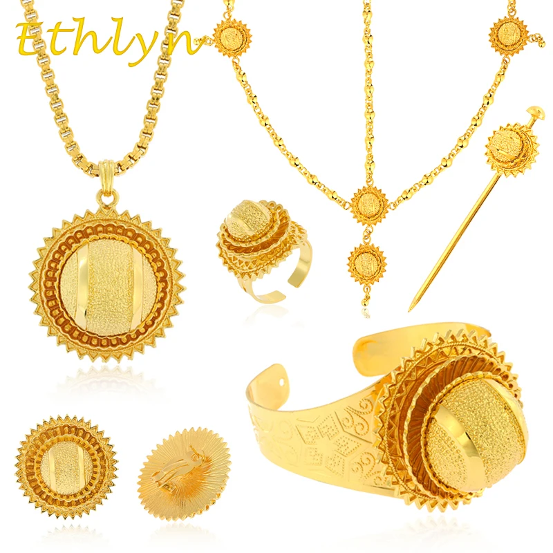 Ethlyn традиционные эфиопские Свадебные Ювелирные наборы большой золотой цвет ювелирные изделия для волос 6 шт. наборы и африканские ювелирные изделия для эфиопских S141A