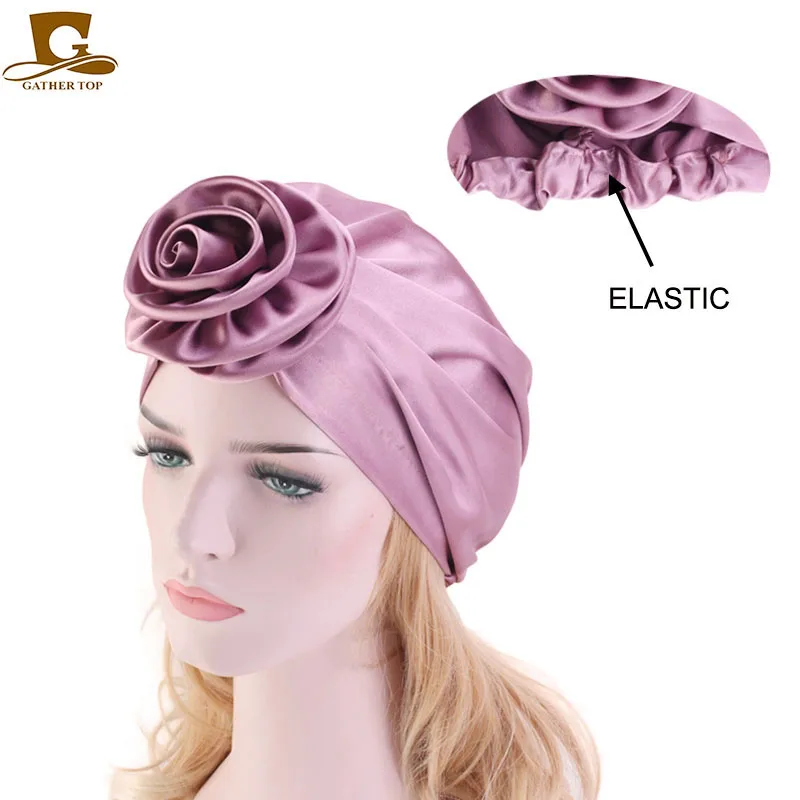

New Women silky turban flower headscarf chemo cap Muslim turban Fashion Headbands Women Hair Accessories