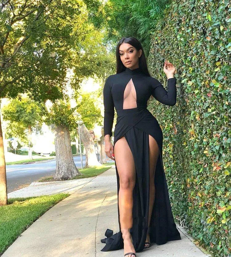 Sexy Black Prom Evening Dresses 2019 High Neck Long Sleeve Sheath With Sides Split Long Women Occasion Gowns Cheap BC1304  119 (1)