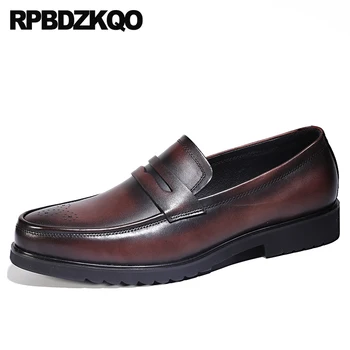 

Genuine Leather Slip On Party Men Dress Shoes Luxury Brand Formal Runway Summer British Style Office Flats Real Brown Brogue