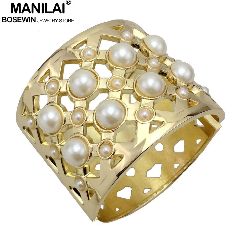 

MANILAI New Fashion Gold Color Simulated Pearl Bracelets & Bangles Women Accessories Cuff Bangle Manchette Statement Jewelry Gif