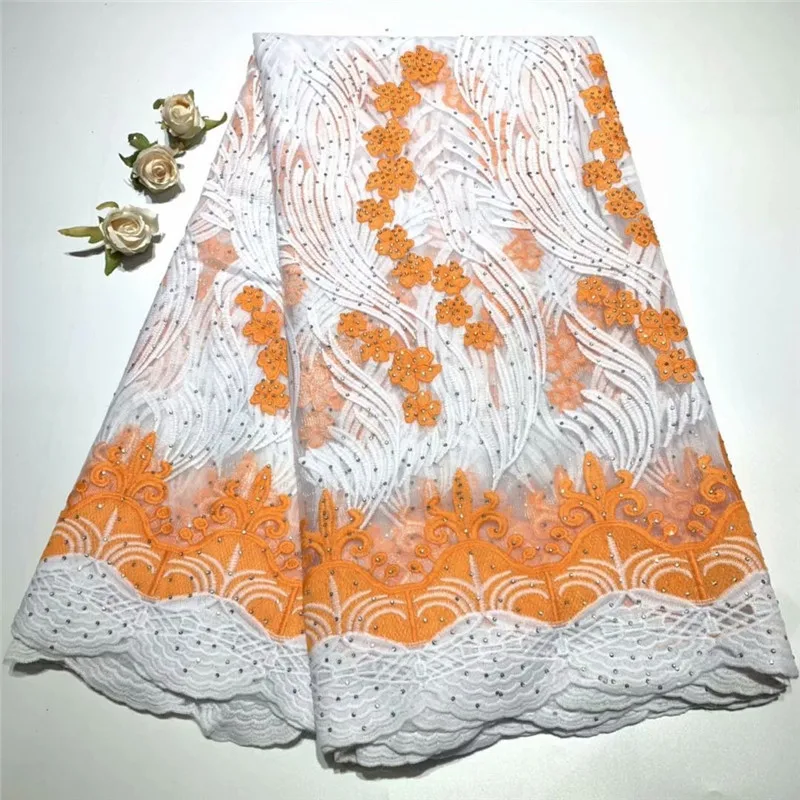 

Orange African Laces Fabrics Embroidered High Quality French Tulle Net Lace Fabric Cheap Nigerian Net tulle Lace 5yards DZ94-12