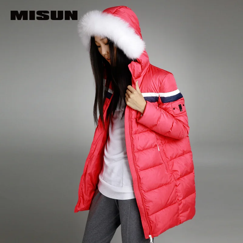 

MISUN Women's Clothing Down Jackets 2018 Colorant Match Patchwork White Fur Hooded Coat Thickening Long-Sleeve Zipper MSDQ-V5083