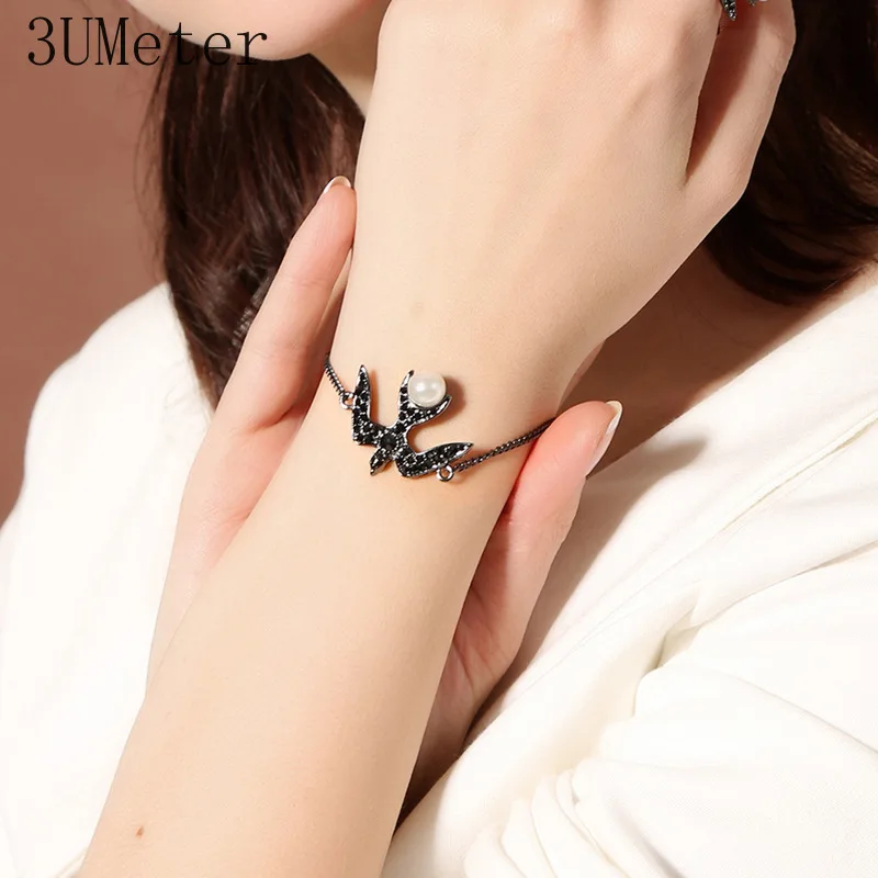

3UMeter Rhinestone Bracelet Cute Swallow Imitation Pearls Bracelet For Women Korean Bracelet Temperament Gift Drop Shipping