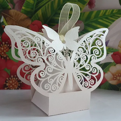 

Free Shipping 50PCS White/Pink/Ivory/Light purple/Blue butterfly Laser wedding candy box favor box favour box decoration