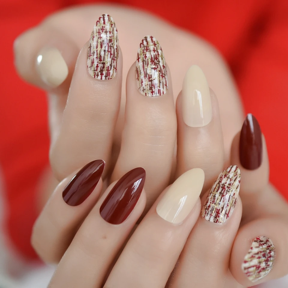 Bordeaux Red Medium Pointed Almond Full Nails Cross Designs