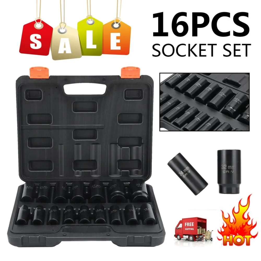 

16PCS/SET 1/2 Inch Drive Impact Deep Socket Set 10-32mm Nut Socket 6 Point Metric Sockets Garage Workshop Maintain Repair Tool