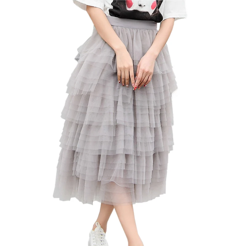 Gray Multilayer Voile Ruffles Tutu Skirts Princess Party Sweet Women