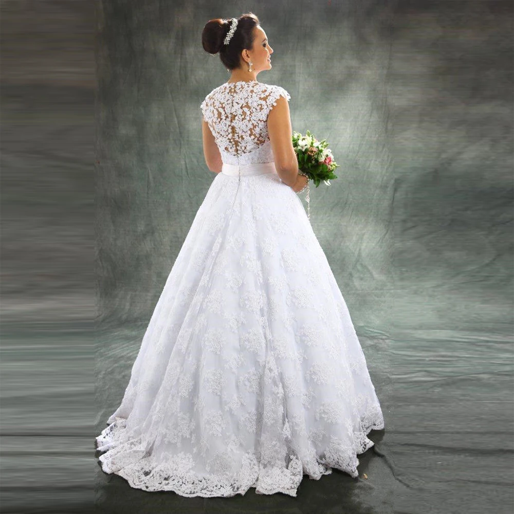 

Luxury Sheer Tulle Lace Appliques A Line Wedding Dress 2018 Custom Made Plus Size Beaded Wedding Bridal Gowns Vestidos De Noiva