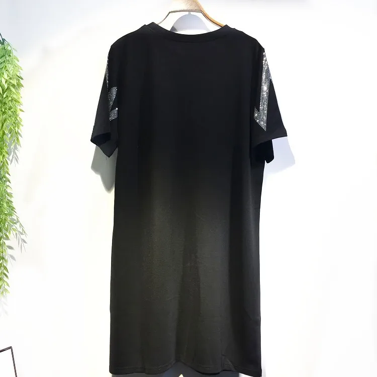 QING MO Flash Hot Drilling Платье женское длинное платье с коротким рукавом черное Платье До Колена футболка платье свободные летние топы ZLDM031