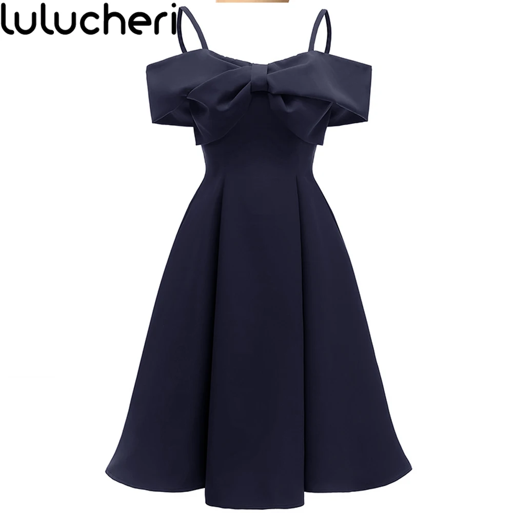 

2019 Evening Party Dress For Women Girls Bow Vintage Elegant Solid Off Shoulder Strap Summer Swing Lady Formal Occasion Dress