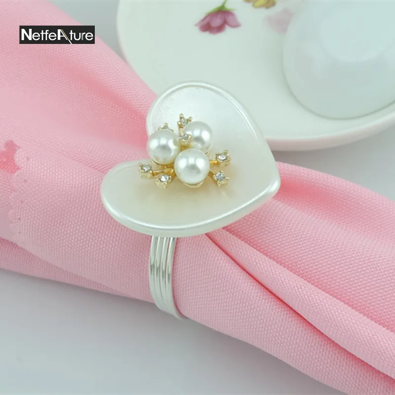 

Hot Sale Heart Shape Table Decor Serviette Napkin Rings 6 Pcs/Lot Wedding Party Hotel Cloth Buckle Napkin Holder With Pearl