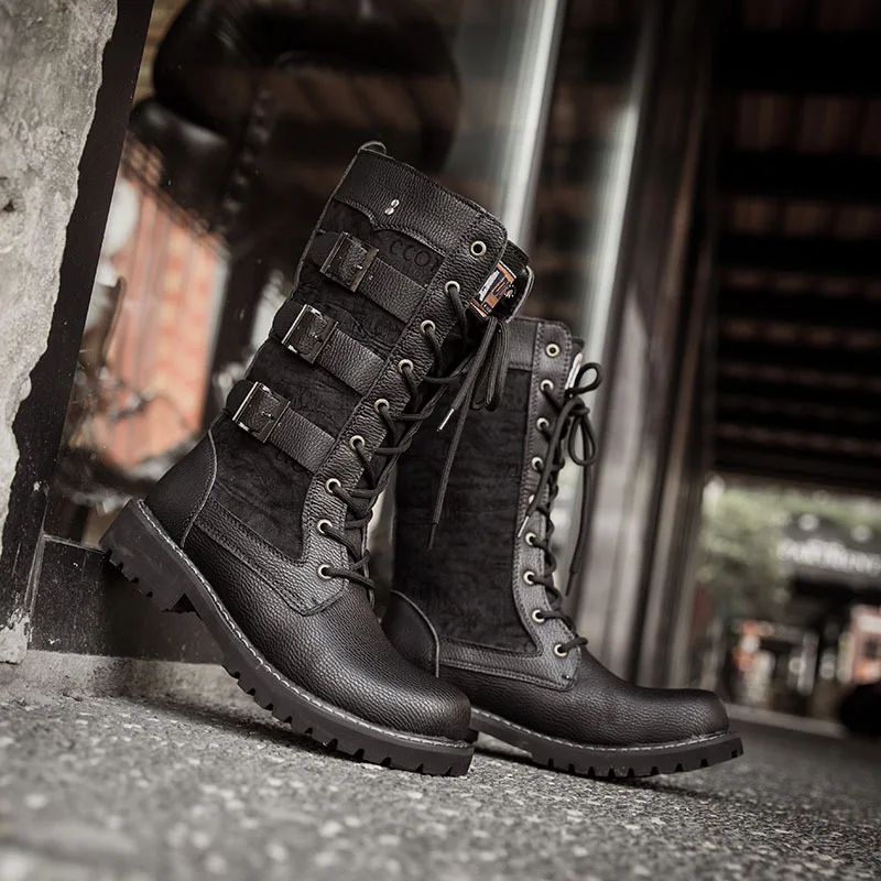 

Round - headed high-heeled boots leather boots men's boots Motorcycle boots