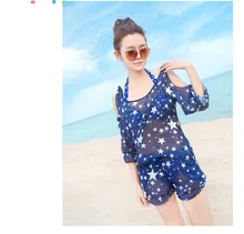 Summer Style Women Three Pieces Bikini Set Swimsuits Print Stars Navy Blue Halter Biquini Beach Wear Steel Bra Bikinis New DB230