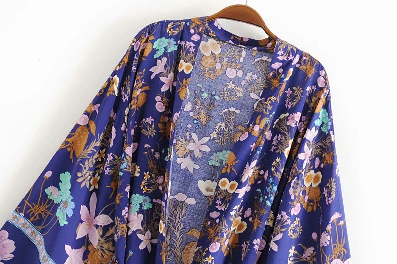 Vintage chic women floral print sashes bat sleeve beach Bohemian kimono dresses Ladies V neck Tassel Summer Boho dress vestidos