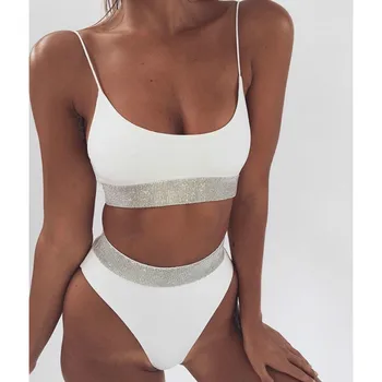 

Women Sequin High Waist Bikini Set 2018 Ladies womens Crop Top Padded bikinis Bathing Suit Swimwear