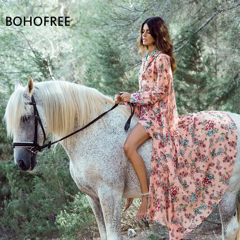 

BOHOFREE Retro Bohemian Long Asymmetrical Dress Femme kimono Style Floral Boho Vestidos Beach Dress Outerwear Shirtdress