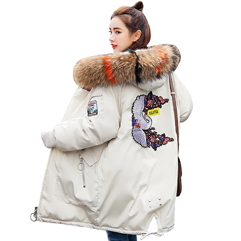 

2019 New Fashion Winter Coat Women Jacket Casual Embroidered Fur Hooded Medium Long Thicken Cotton Padded Parka Winter Outerwear