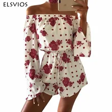 

ELSVIOS Women Off Shoulder Floral Print Playsuits Rompers Spring Summer Sexy Short Jumpsuits Casual Flare Sleeve Beach Overalls