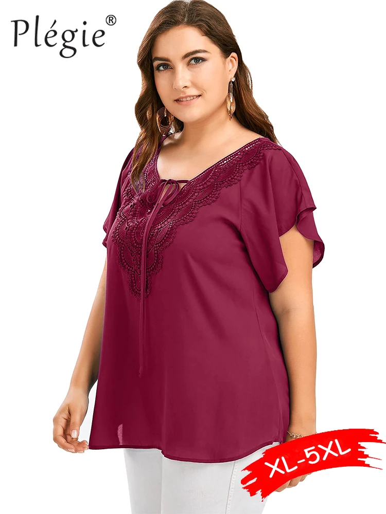 

Plegie XL-5XL Plus Size Lace Patchwork Shirt 10 Colors Summer Womens Tops And Blouses Short Sleeve Blusas Mujer De Moda 2019