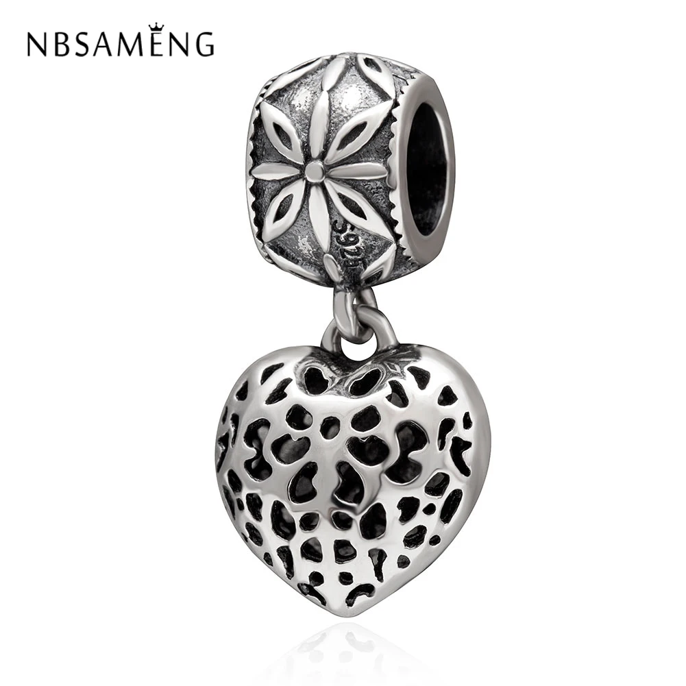 

2018 S925 Sterling Silver Bead Charm Openwork Hollow Heart Flower Dangle Charm DIY Pendants Beads Fit Pandora Bracelets Jewelry