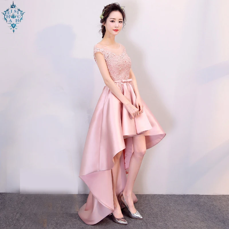 

Ameision 2019 New Pink Evening Dress Short Front Long Back Banquet Party Dress Illusion O-neck Appliques Flower Haute Couture