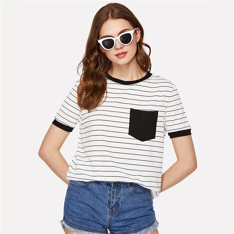 Dotfashion Black And White Patch Pocket Striped Ringer Tee Women Casual Tops Summer Short Sleeve Preppy Colorblock T-Shirt