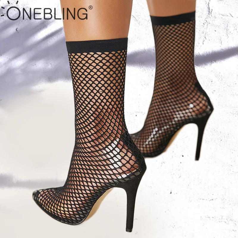 

OneBling Plus Size PVC Transparent Fishnet Mesh Stretch Sock Ankle Boots 2019 Summer Pointed Toe High Heel Women Boots Black