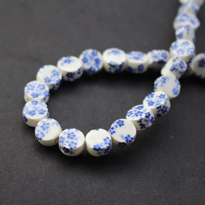 

30Pcs/Lot 10.7mm*6mm Ceramic Beads Round flat beads White with Blue Blossom for jewelry making 3660
