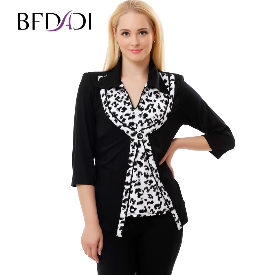

BFDADI 2016 Plus Size Women Clothing Autumn Style 4xl 5xl 3/4 Sleeve lapel Soft Loose Plus Size Tunic Shirts 7-9371
