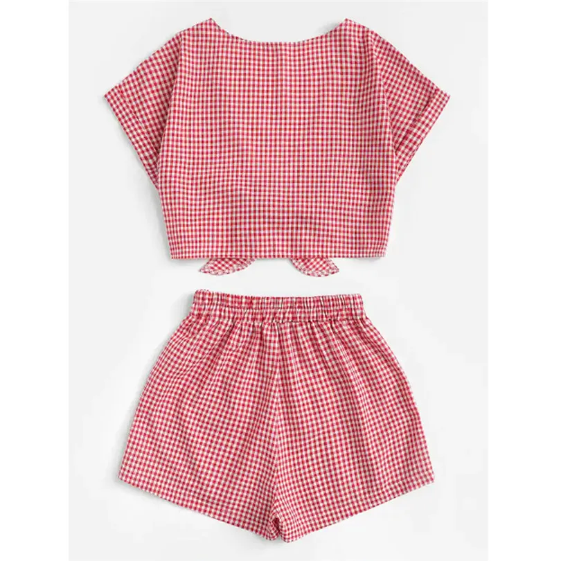V Neck Bandage Crop Top Mid Waist Summer Shorts Women Set Plaid Sexy 2 Piece Set Women Short Sleeve Chandal Mujer 40AP2909