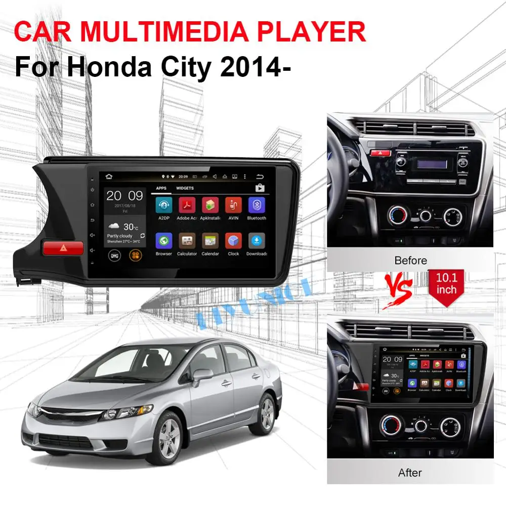 Cheap 10.1 Inch 4GB RAM Android IPS Screen Car Video Multimedia Player For Honda City 2014- Left Hand Drive Car GPS Radio Stereo Wifi 4