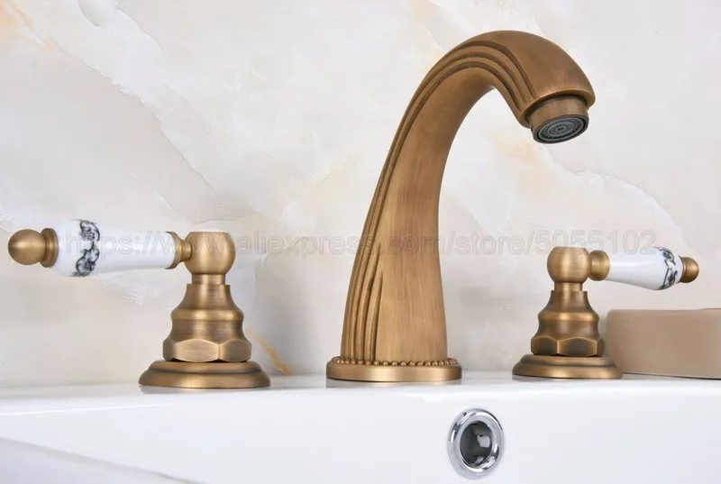 Antique Brass bathroom faucet for hot and cold Mixer tap Sink faucet Double handle 3 hole bathroom basin faucet zan071
