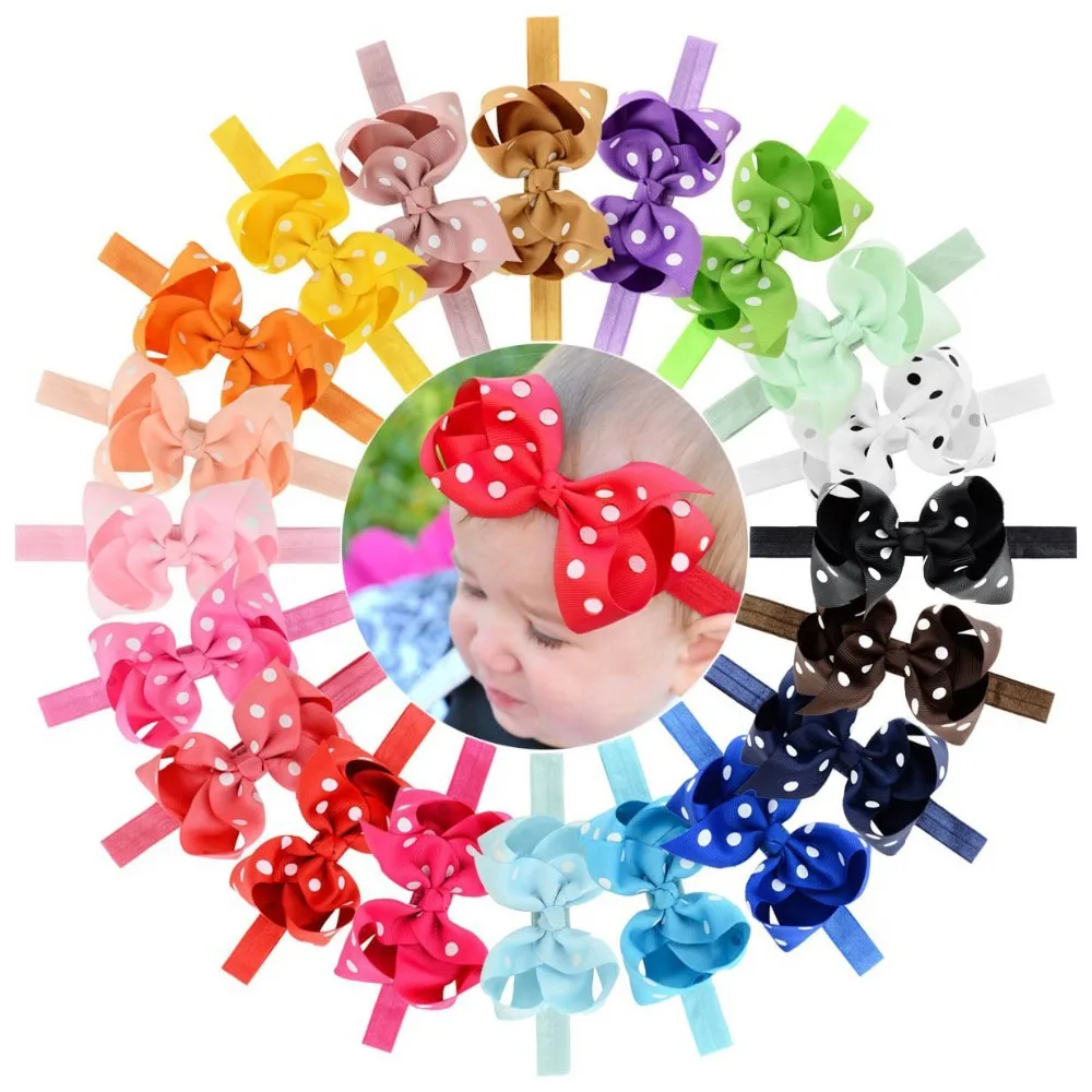 20pcs/lot Girl Bows Headband Elastic Hair bands Ribbon bows Point Bowknot Photography Dots Hair